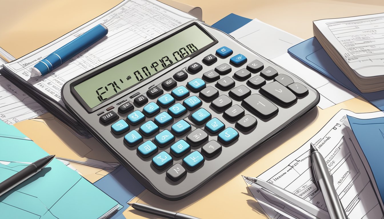 A calculator and a stack of financial documents sit on a desk, with a pen poised to make calculations. The Singapore flag is visible in the background