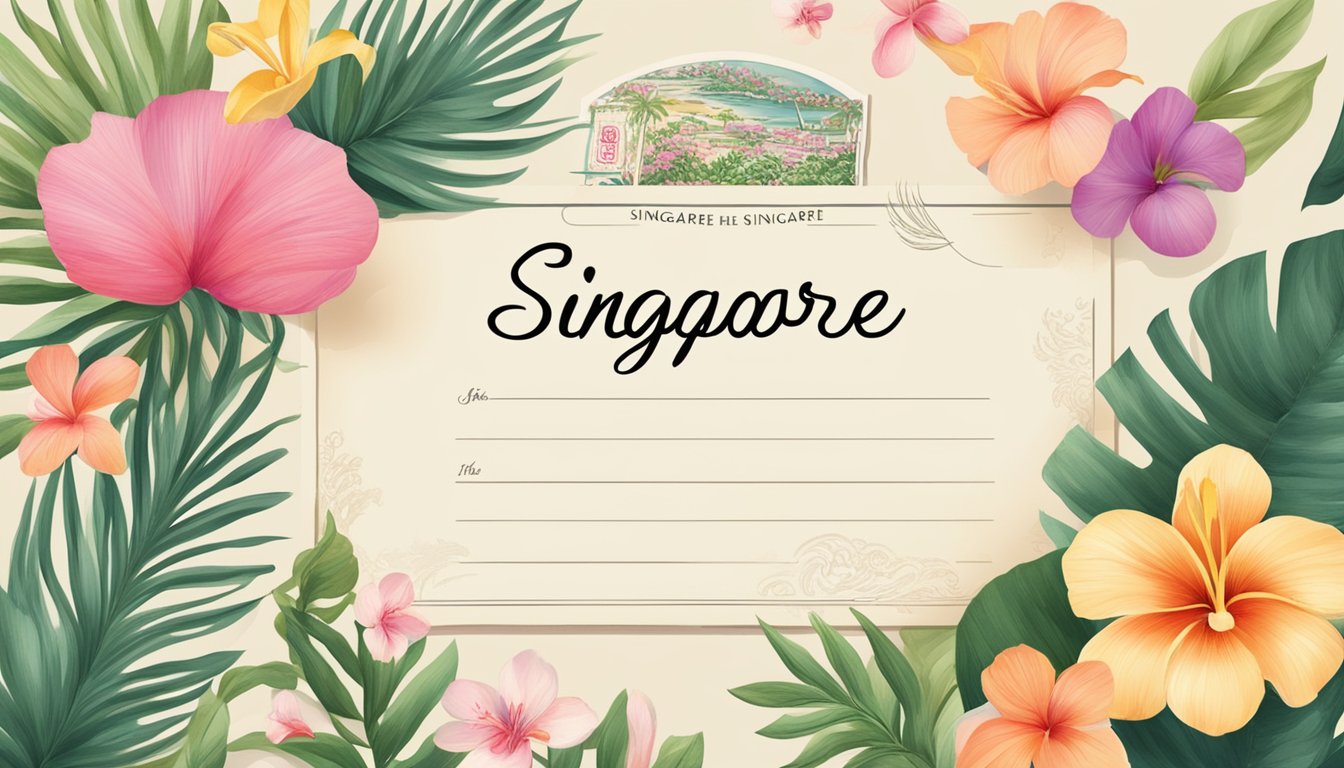 A vintage postcard with the words "hle letter singapore" written in elegant cursive, surrounded by tropical flowers and a postage stamp