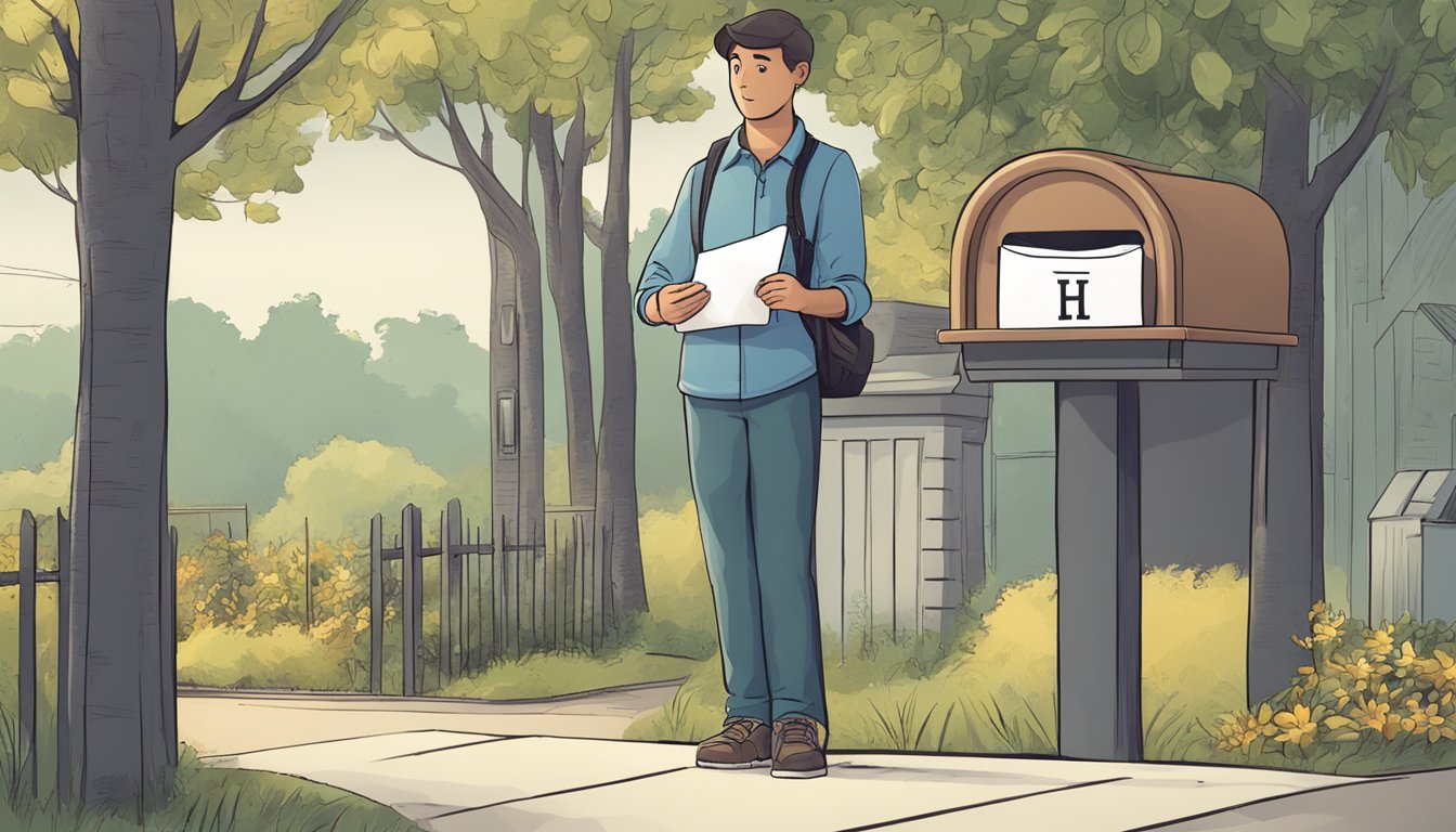 A person holds a letter with "HLE" on it, standing in front of a mailbox