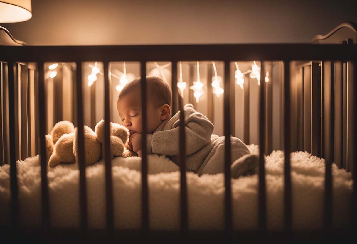 A 12-month-old sleeps peacefully in a crib, surrounded by stuffed animals and a cozy blanket. The room is dimly lit, with a soft nightlight casting a warm glow