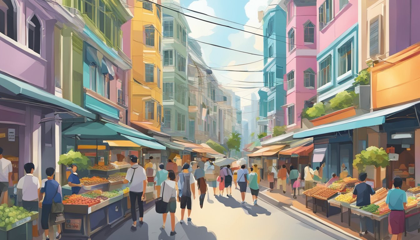 A bustling street in Singapore, with colorful buildings and bustling markets