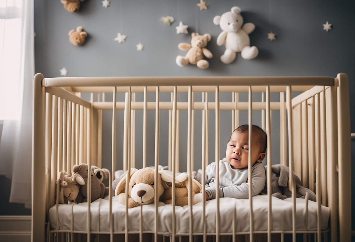 A 12-month-old peacefully sleeps in a cozy crib, surrounded by soft blankets and stuffed animals. The room is dimly lit, creating a calm and soothing atmosphere, emphasizing the importance of adequate sleep for the child