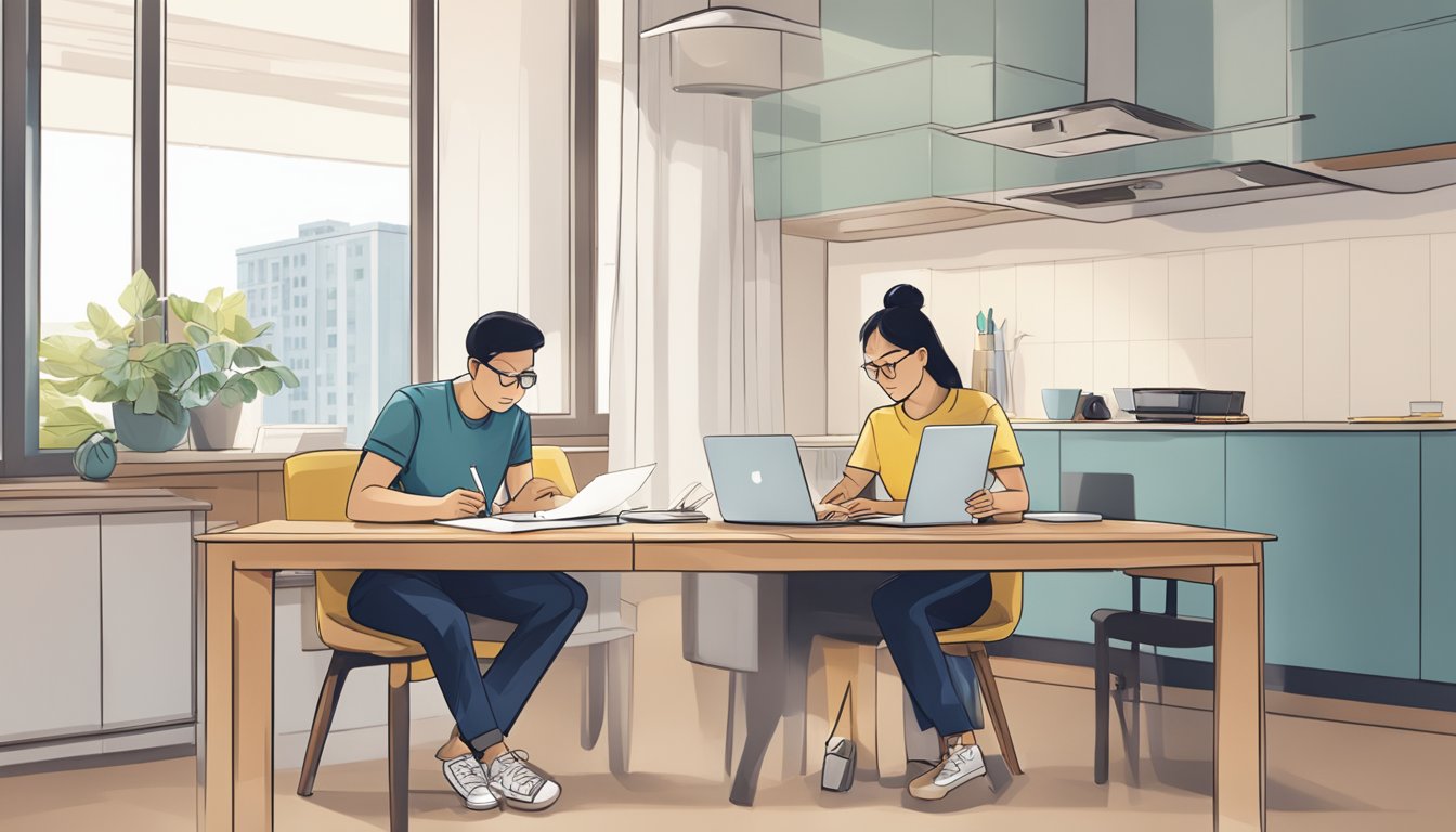 A couple sits at a table with paperwork, discussing HDB loan eligibility. A laptop and calculator are on the table, with a HLE letter visible