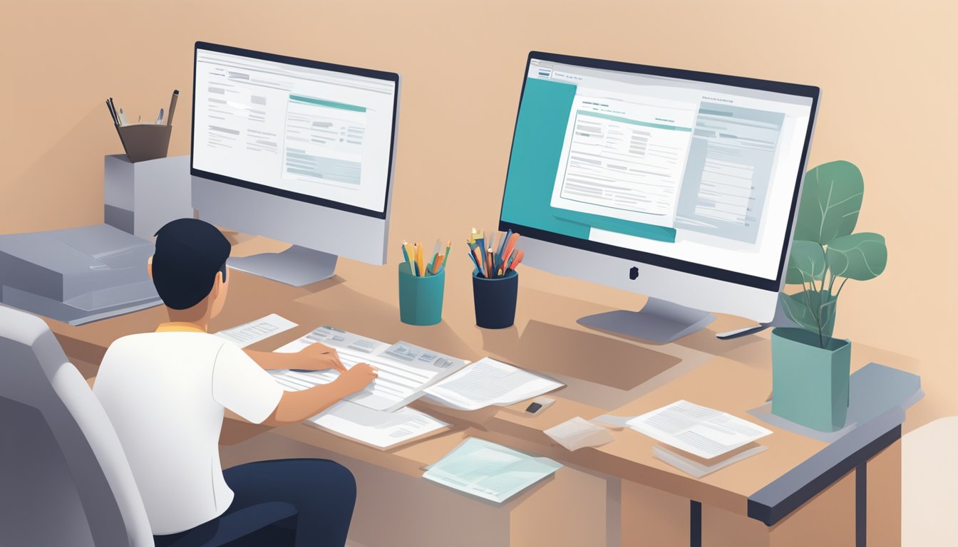 A person fills out forms at a desk with HDB Concessionary Loan documents and a computer screen displaying HLE validity in Singapore