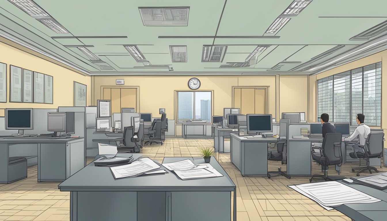 A Singapore HLE validity renewal scene with official documents and a government office setting