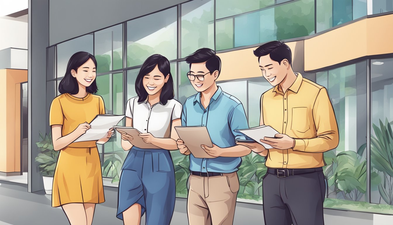 A couple reviews HDB flat documents, visits showrooms, and meets with a real estate agent during their flat buying journey in Singapore