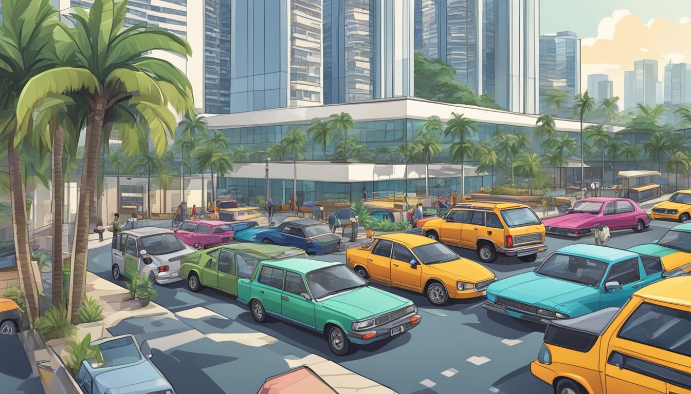 Vehicles parked in a busy Singapore holiday parking lot, with palm trees and high-rise buildings in the background
