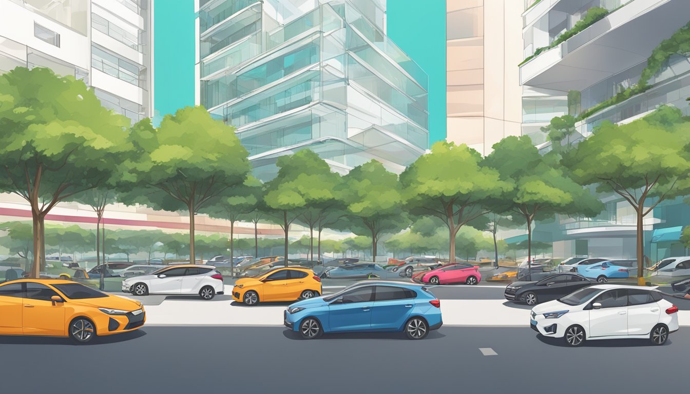 Cars parked neatly in designated holiday parking spots in Singapore. Clear signage and payment kiosks visible. Surrounding trees and buildings indicate urban setting
