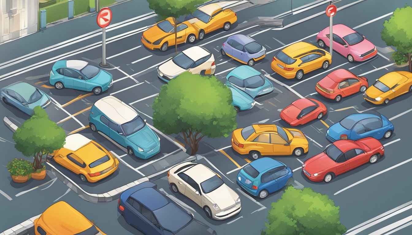 Cars parked in designated holiday parking spots in Singapore. Signs indicate free parking opportunities for visitors. Bright lighting illuminates the area