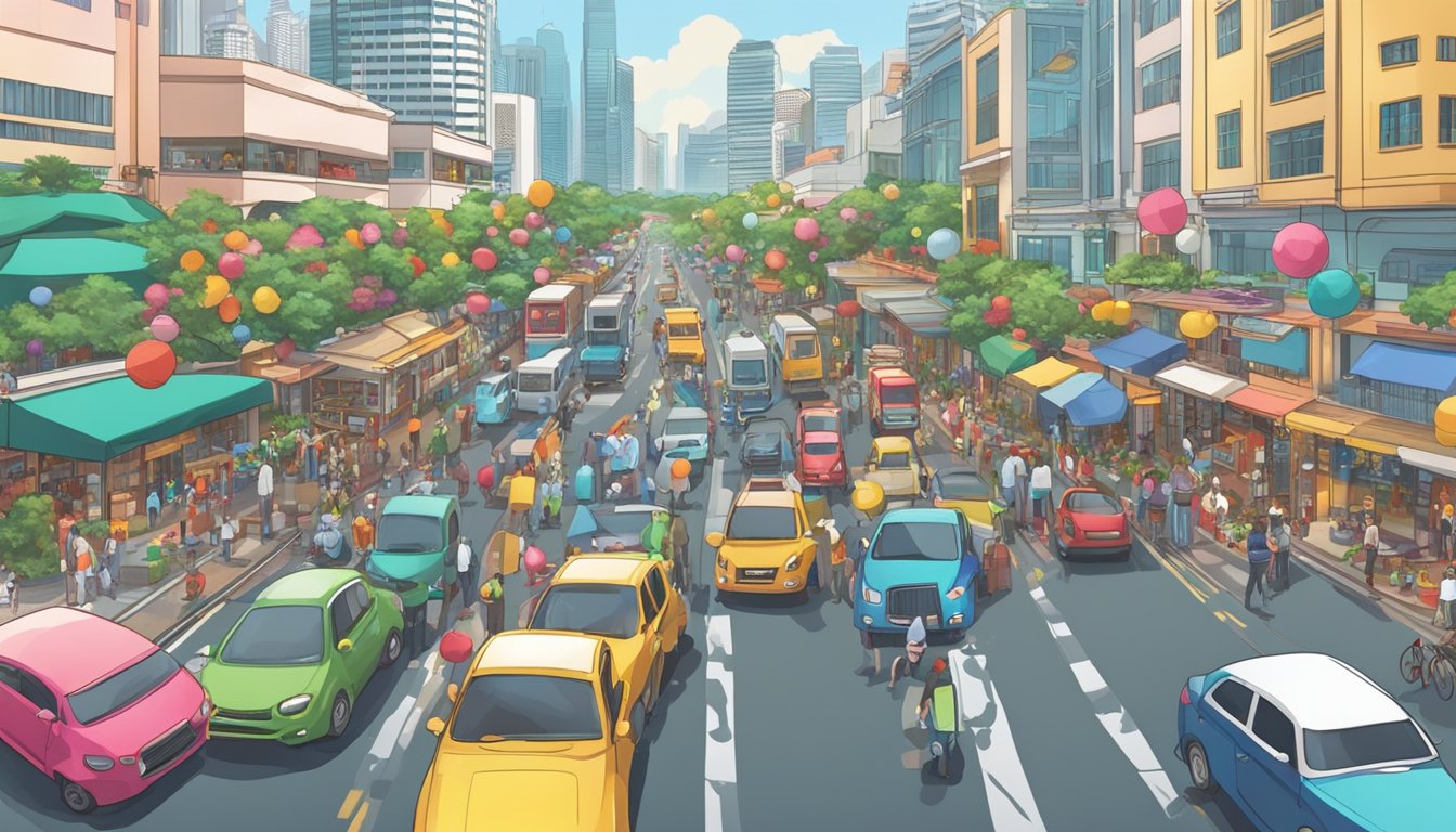 A bustling city street with colorful holiday decorations, crowded parking lots, and a mix of cars and pedestrians in Singapore