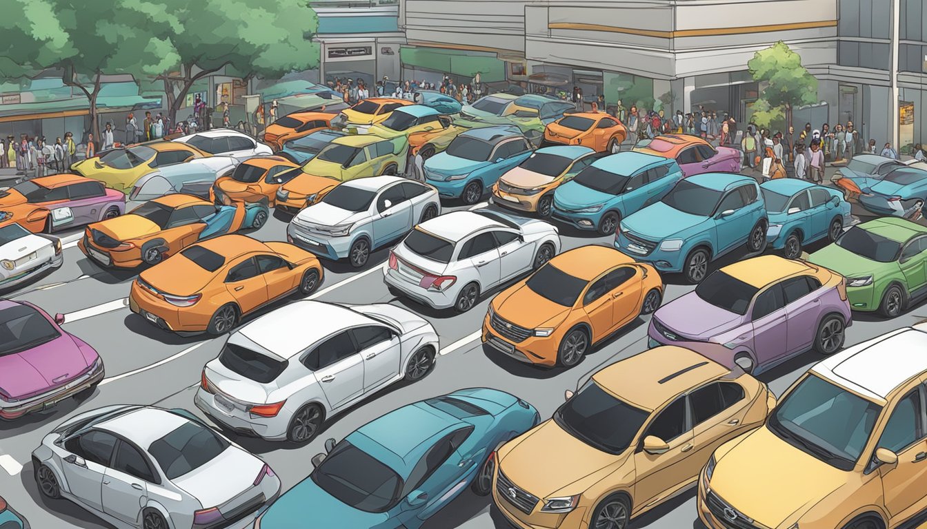Cars maneuvering in a crowded Singapore holiday parking lot, with drivers searching for available spaces