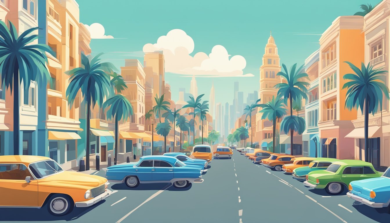 Vibrant cityscape with cars parked in orderly rows, palm trees lining the streets, and a clear blue sky above