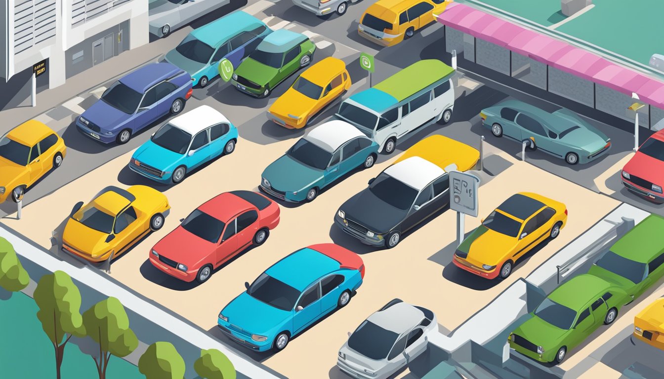 A crowded parking lot in Singapore with signs displaying "Frequently Asked Questions" about holiday parking