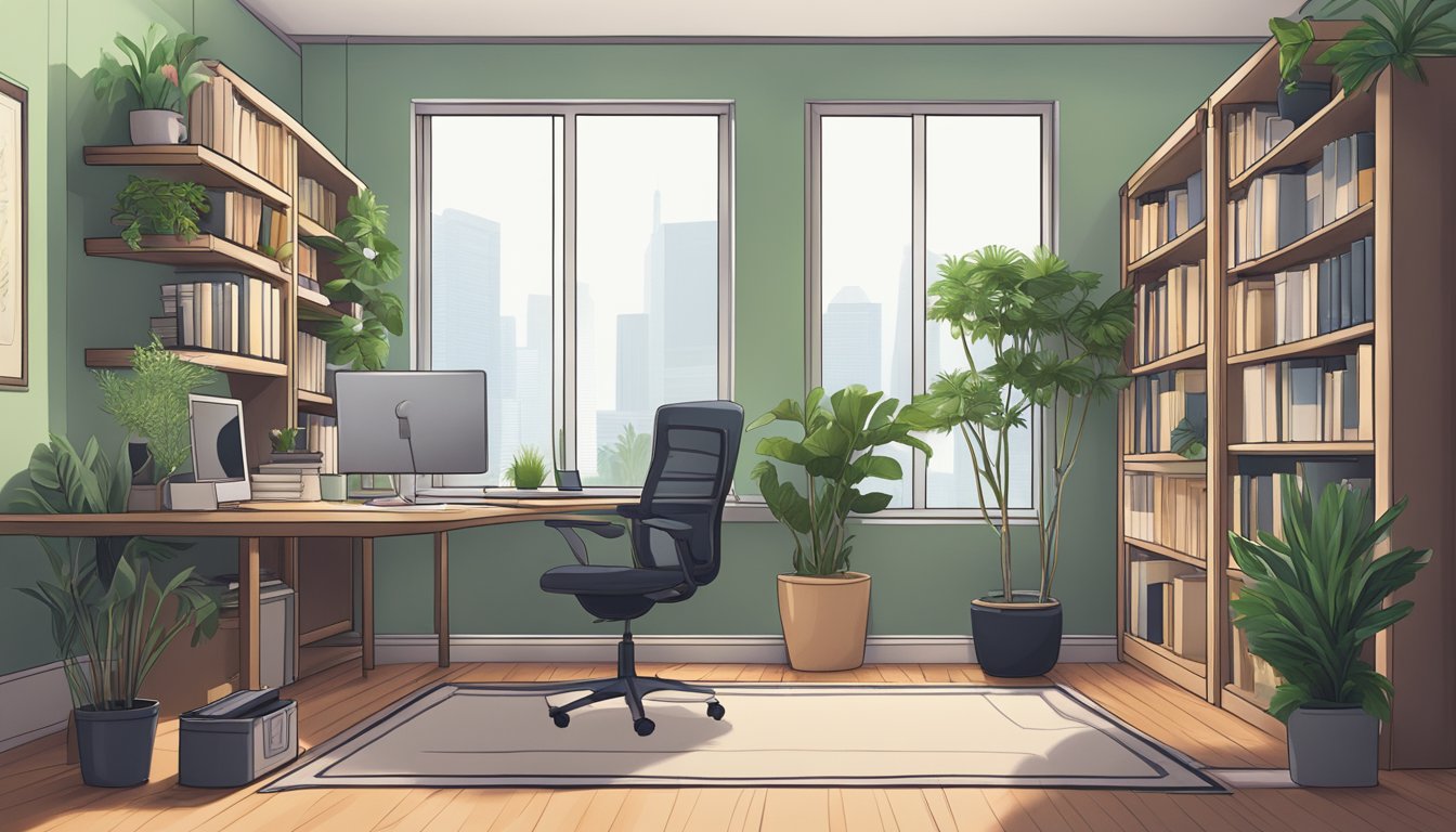 A cozy home office in Singapore, with a desk, computer, and shelves filled with business books and supplies. A plant adds a touch of greenery