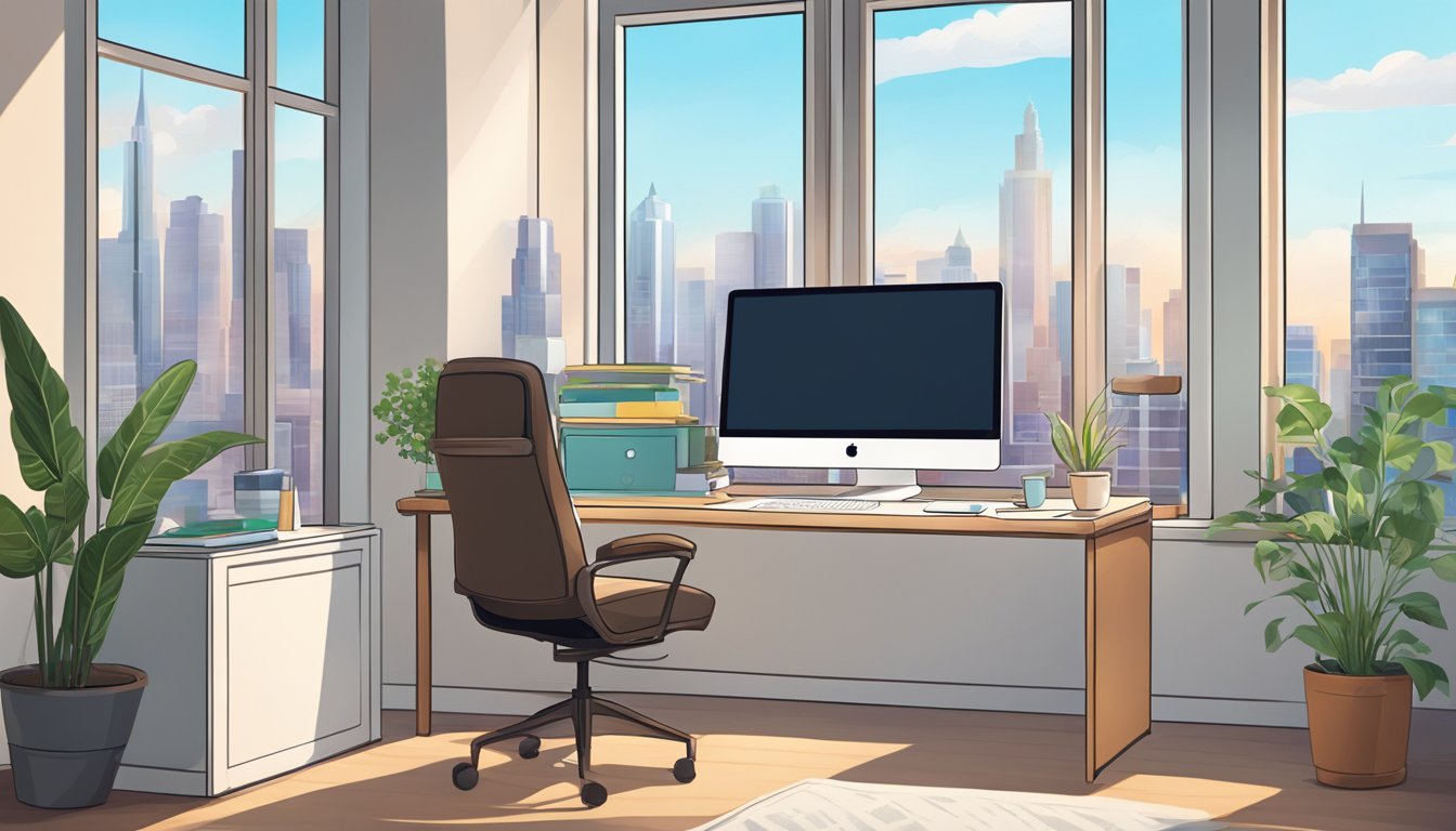 A cozy home office with a computer, desk, and chair. A bright window overlooks a cityscape. A shelf holds business books and a plant