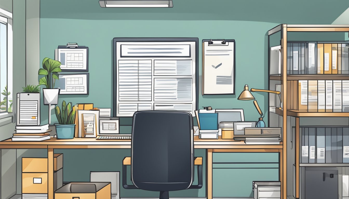 A home office with organized documents, a safety checklist, and a compliance manual on a desk in Singapore