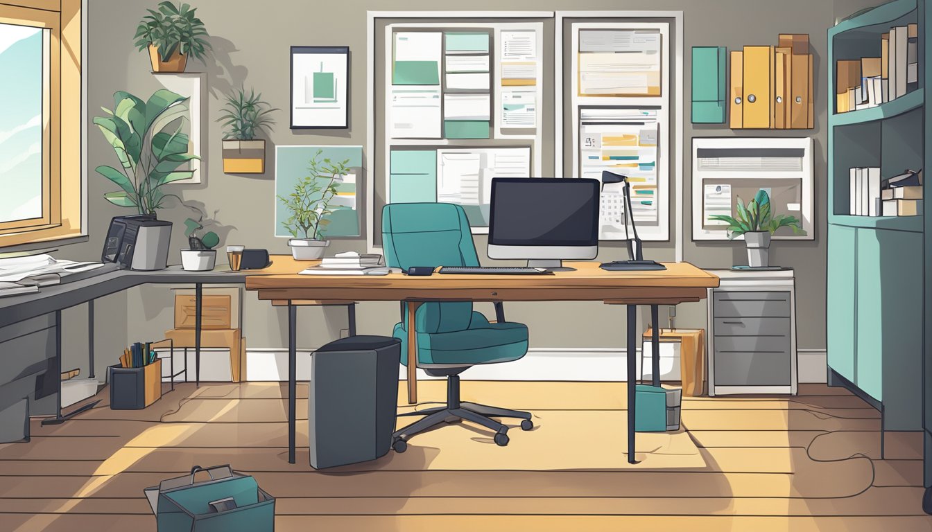 A home office with a computer, phone, and paperwork. A calendar on the wall shows deadlines. The room is bright and organized, with a sense of determination and adaptability
