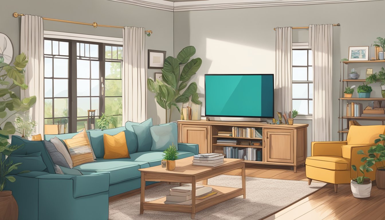 A brightly lit living room with a TV showing a home improvement program, a cozy sofa, and a cluttered coffee table with DIY tools and materials