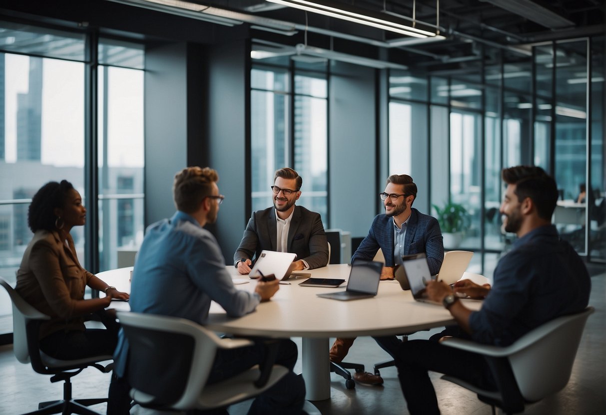 A group of diverse individuals brainstorming and collaborating in a modern office space, surrounded by innovative technology and creative inspiration