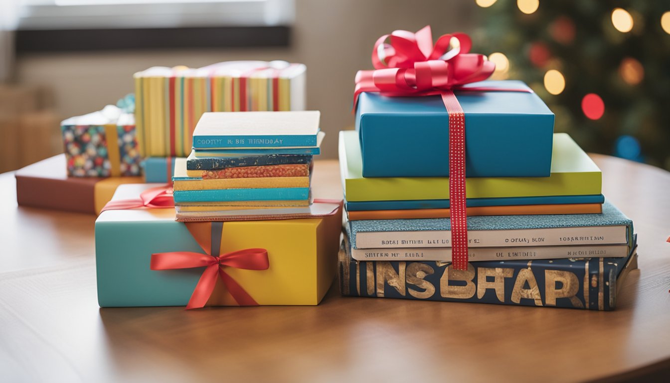 A pile of colorful baby books sits on a table, with a "1st Birthday Boy" gift tag. The books are arranged neatly, ready for a little one to explore