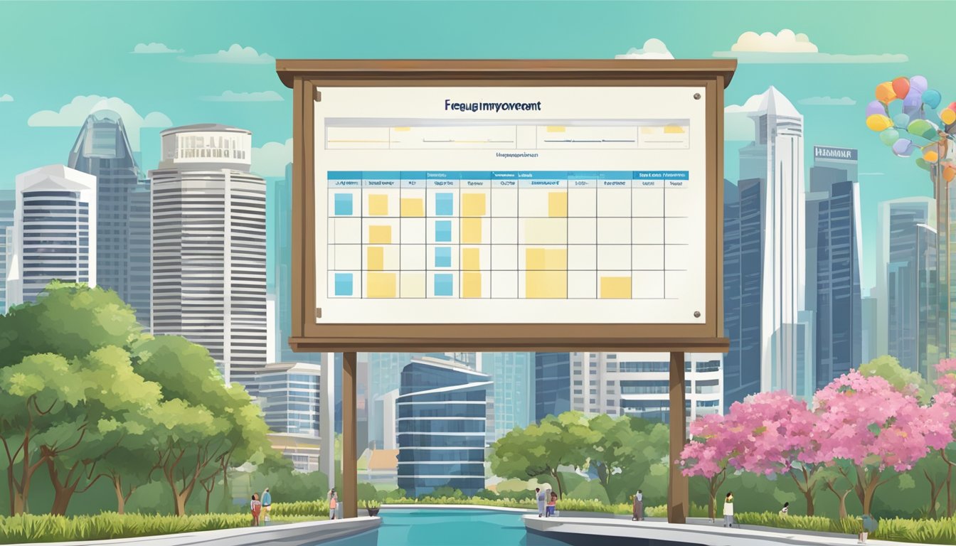 A schedule board with "Frequently Asked Questions home improvement programme" displayed, set against a backdrop of Singapore landmarks