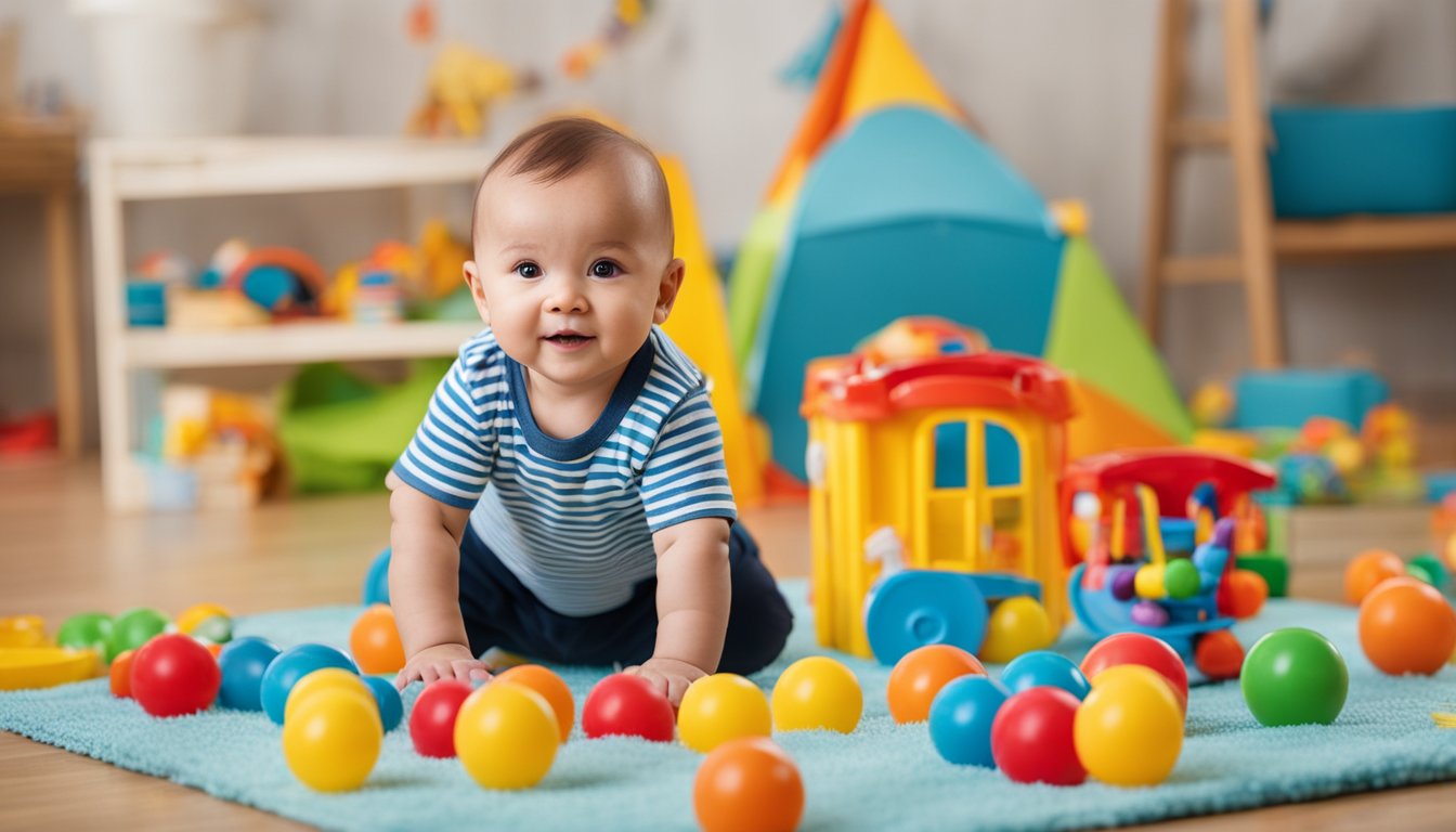 A colorful playroom with toys and activity mats, a baby boy crawling and exploring, surrounded by movement-promoting gifts for his first birthday