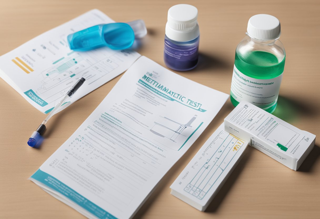 A genetic methylation test kit sits open on a clean, well-lit table. A hand-written instruction manual and a vial of clear liquid are nearby