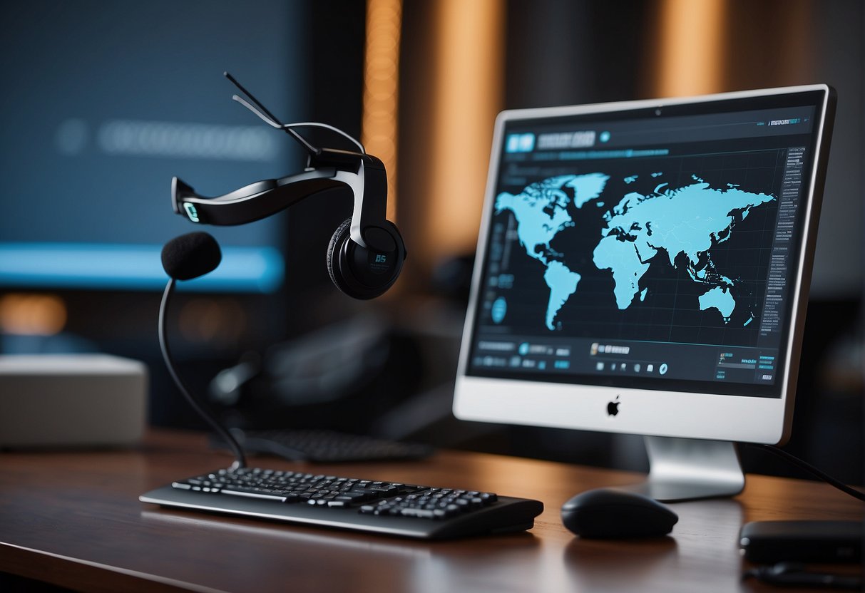 A computer screen displaying text-to-speech solutions with a microphone and headset nearby. An office setting with a desk, chair, and modern technology