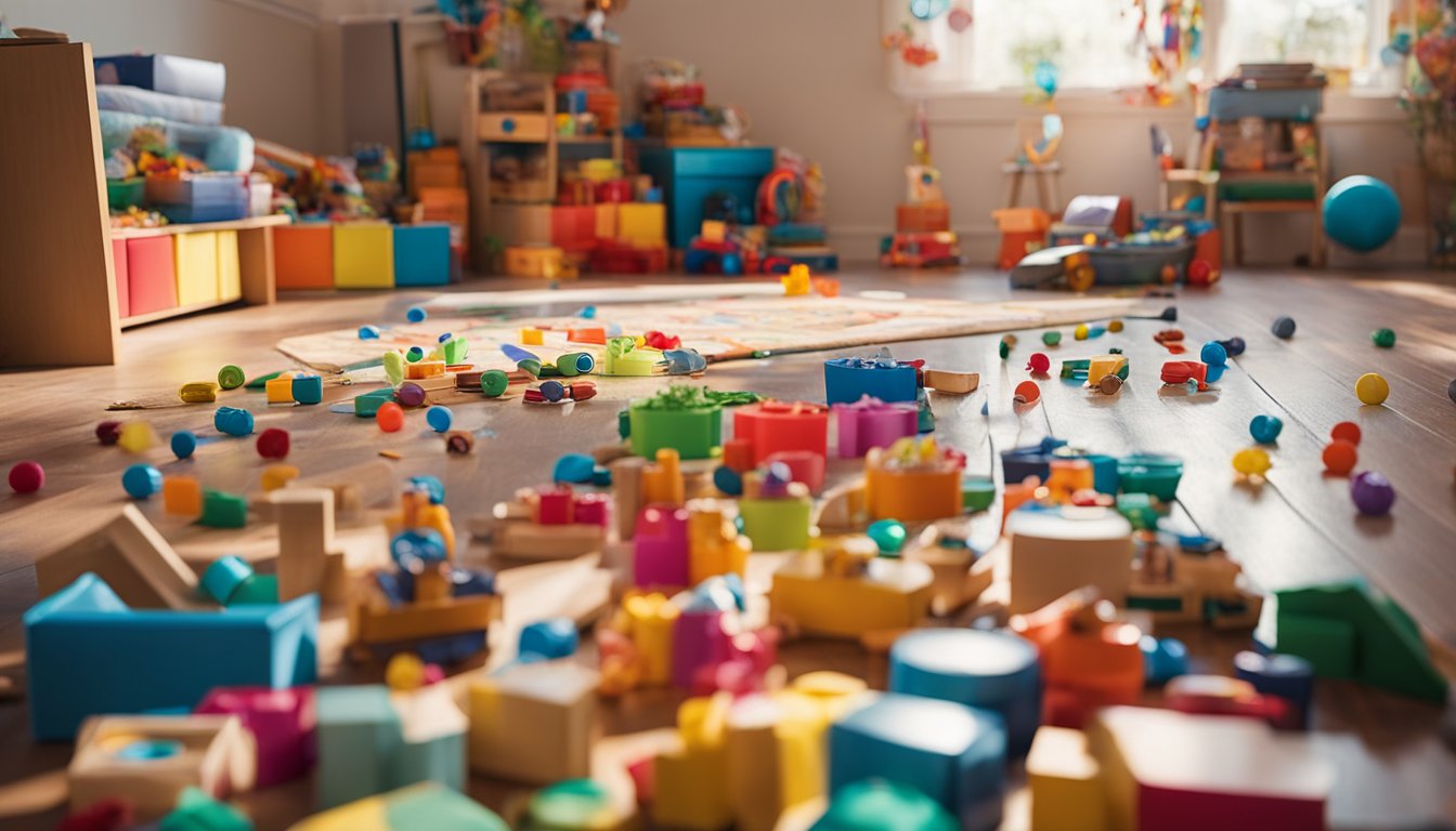 A colorful array of art supplies and toys scattered on a playroom floor, with a toddler's birthday present prominently displayed