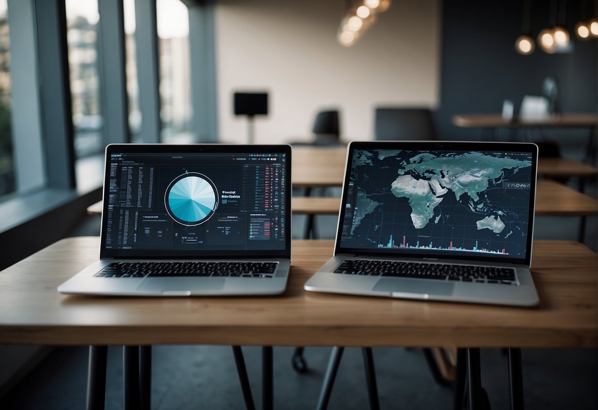 A table with laptops showing different TTS services' interfaces. Charts and graphs comparing features and performance displayed on the wall