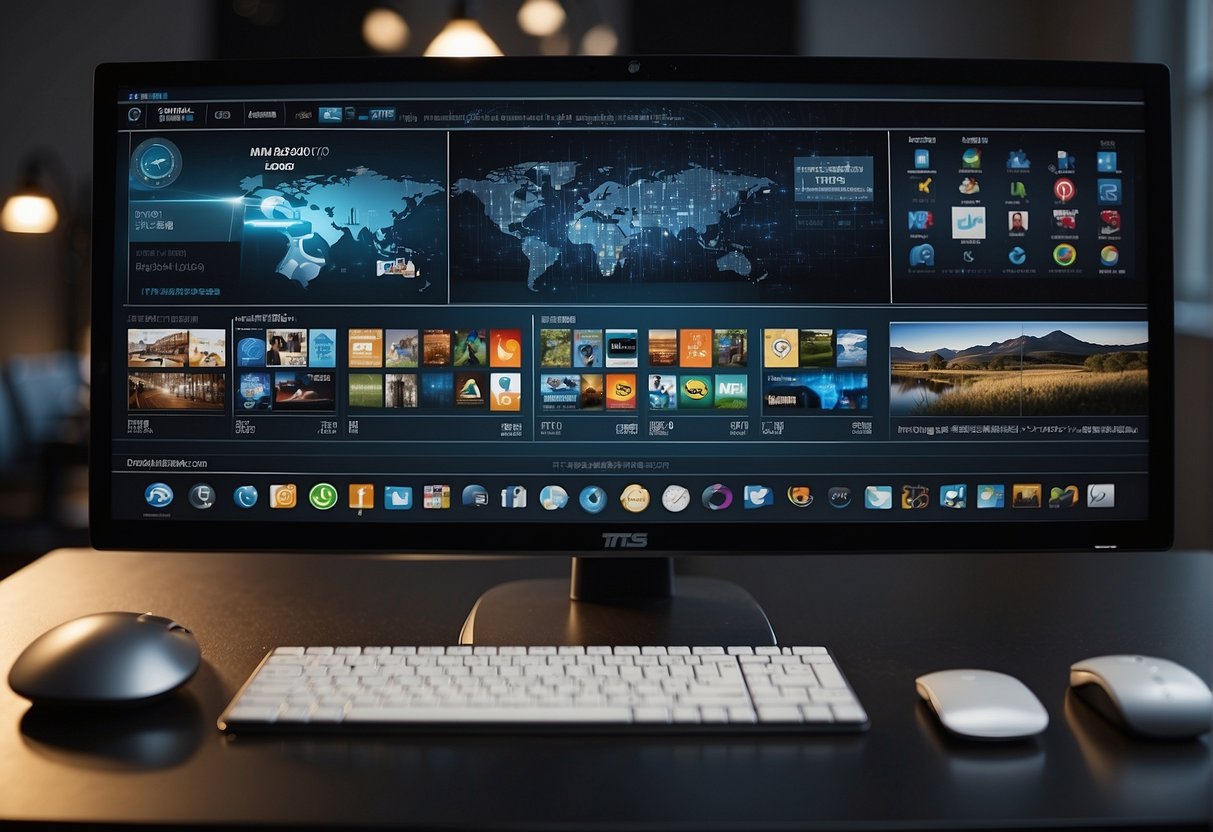 A computer screen displaying various platform-specific TTS providers logos, with a keyboard and mouse nearby