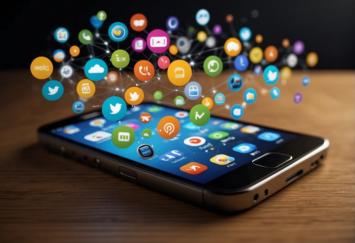 A mobile phone with a speech bubble icon and a web browser icon, surrounded by various app logos, representing text-to-speech alternatives