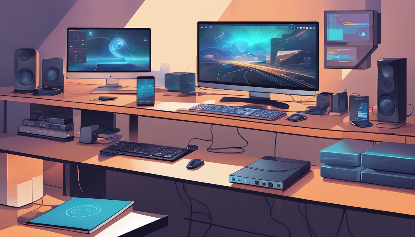 A sleek and modern router sits on a desk, with multiple devices connected and streaming content, while a gaming console is being used for online gaming. The room is filled with high-speed internet signals