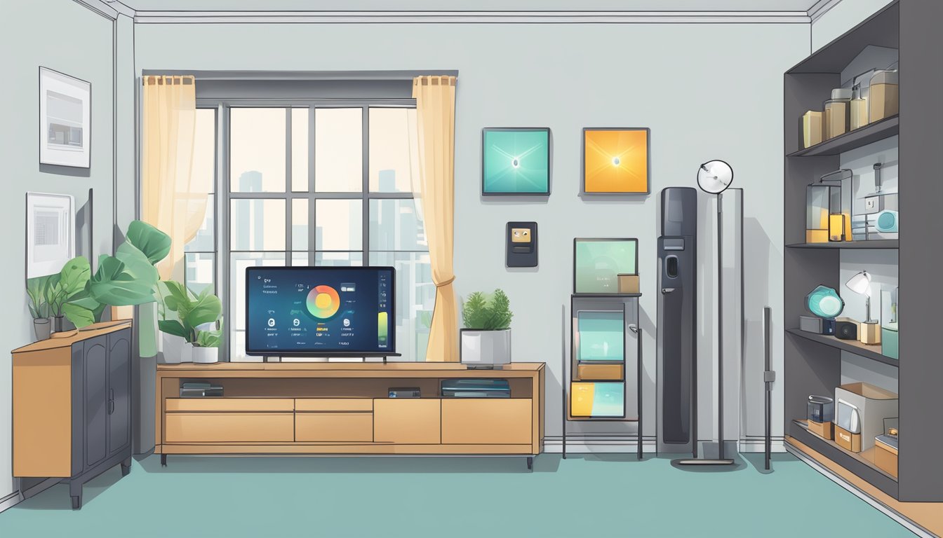 A smartphone controls lights, thermostat, and security cameras in a modern Singapore home with seamless internet connectivity