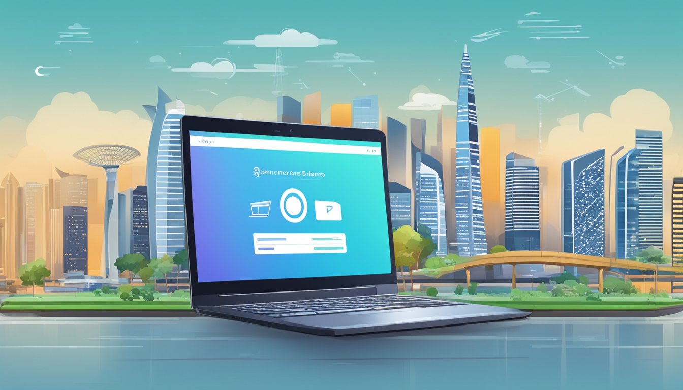 A laptop displaying different home internet plans and pricing, with a contract document nearby, set against the backdrop of the Singapore skyline