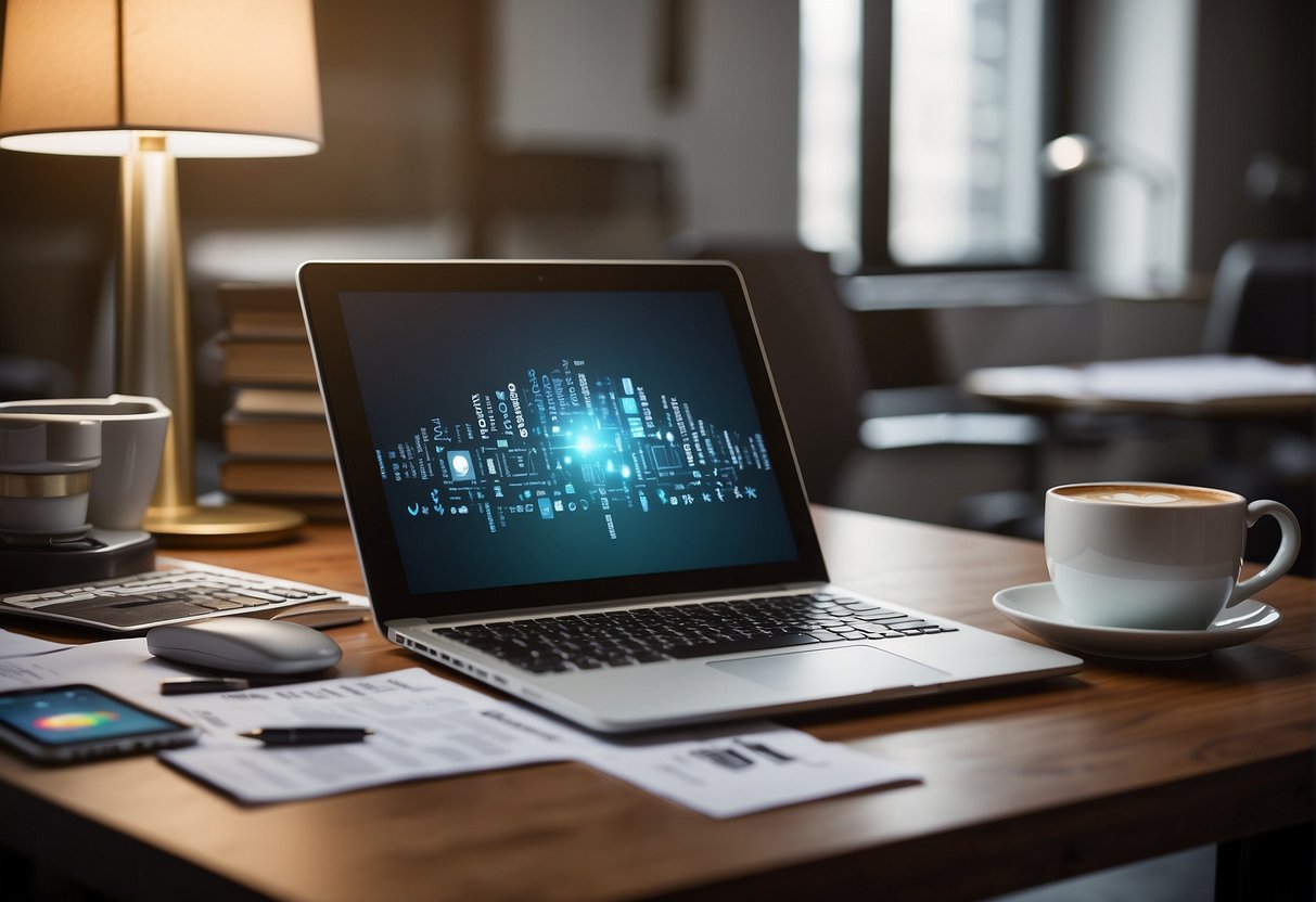 A desk with a computer, tablet, and stylus. AI software logos displayed on the screen. A stack of papers and a cup of coffee nearby