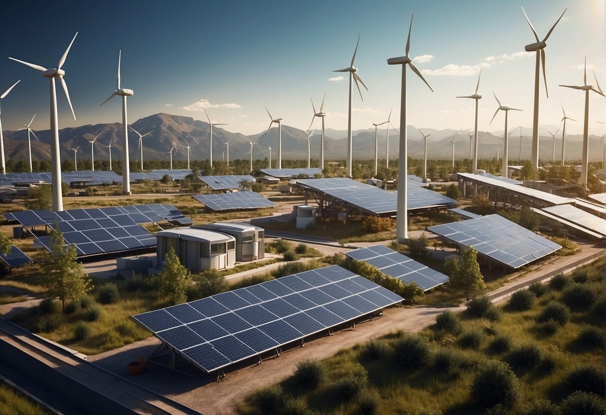 A group of diverse alternative energy sources, including solar panels, wind turbines, and hydroelectric dams, are showcased in a futuristic cityscape