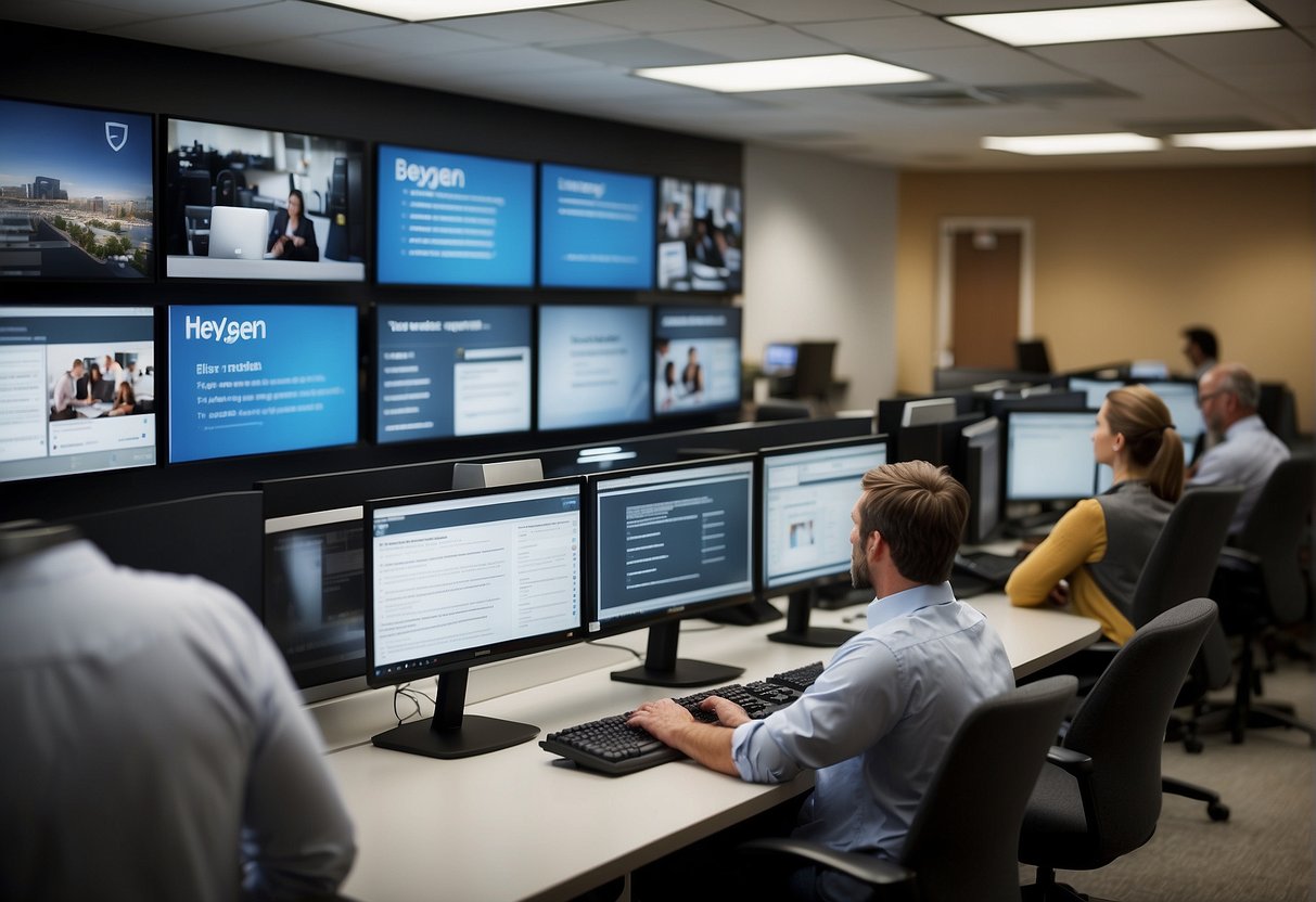 A busy office with people at desks, phones ringing, and computers in use. A wall display shows "Client Support and Resources" with "heygen alternatives" listed below