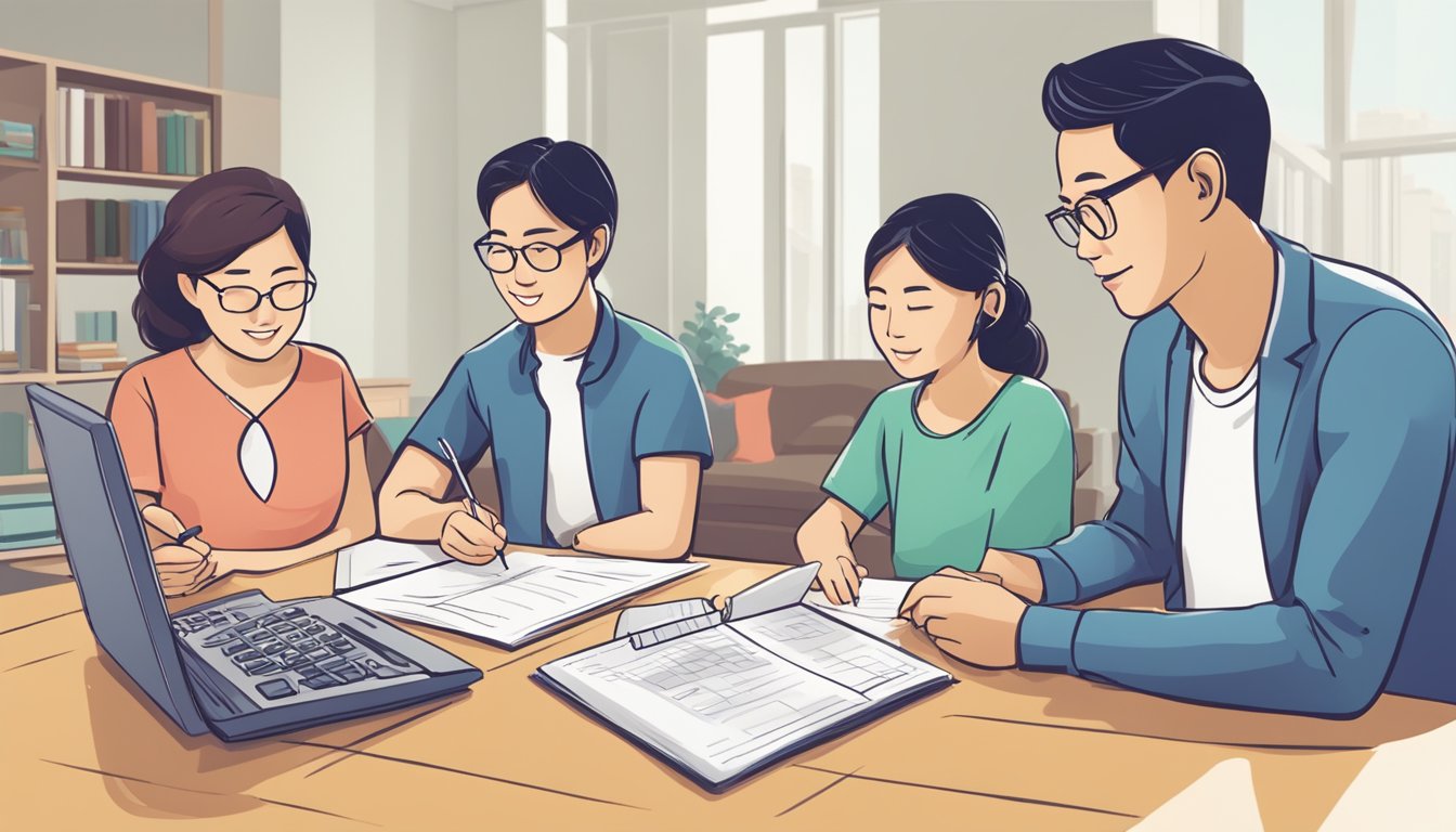 A family sits around a table, discussing home refinancing with a representative from Hong Leong Bank in Singapore. Documents and calculators are spread out as they consider their options
