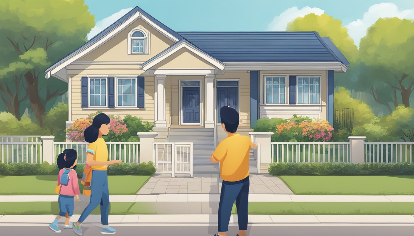 A family home with a "For Sale" sign out front, while a representative from Hong Leong Bank discusses refinancing options with the homeowners inside