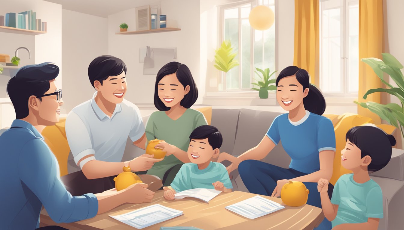 A family happily saves money with Hong Leong Bank's home refinancing in Singapore, enjoying the benefits of lower interest rates and reduced monthly payments