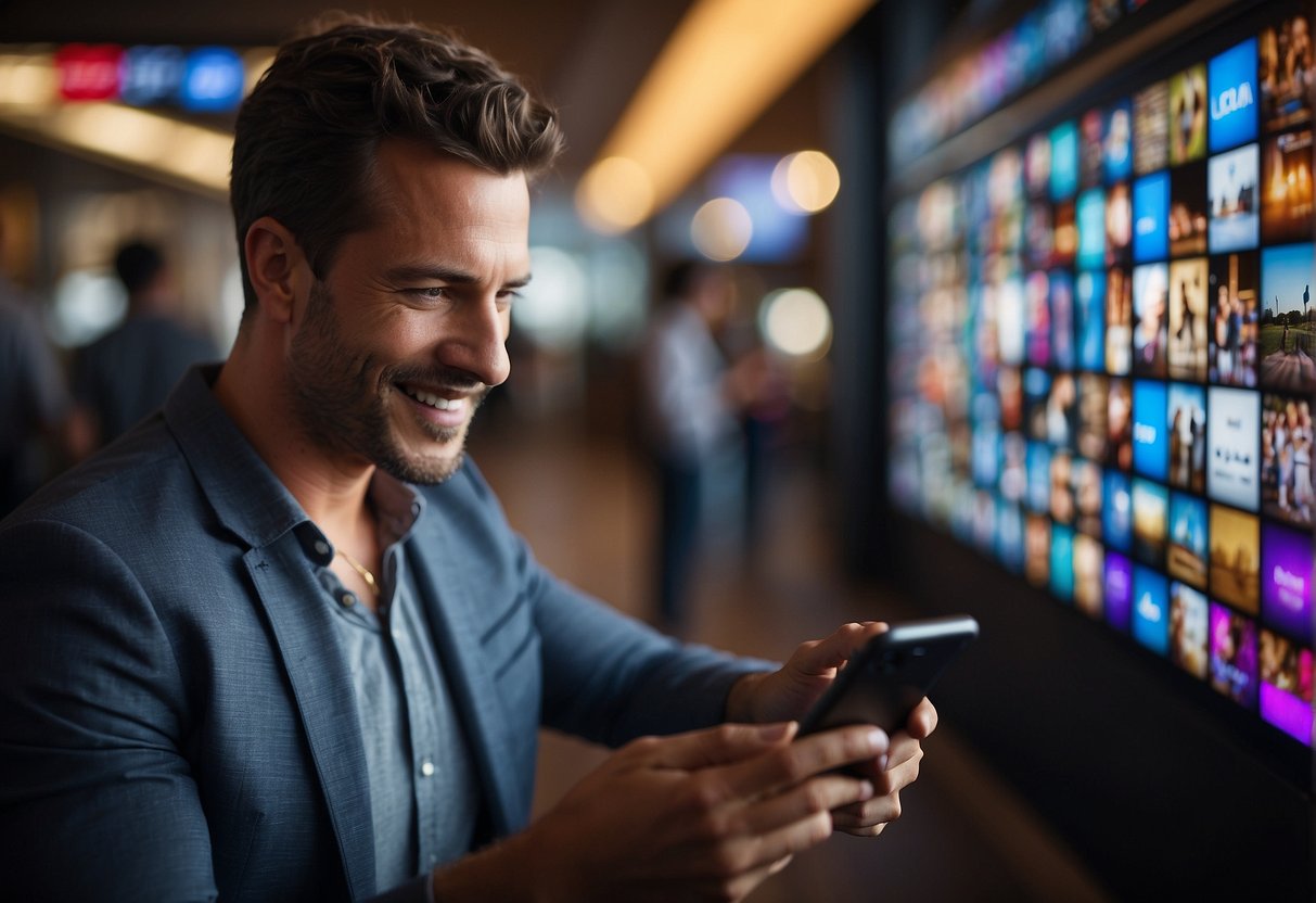 A person scrolling through a social media feed on their smartphone, smiling at the engaging content. The screen shows colorful and dynamic visuals