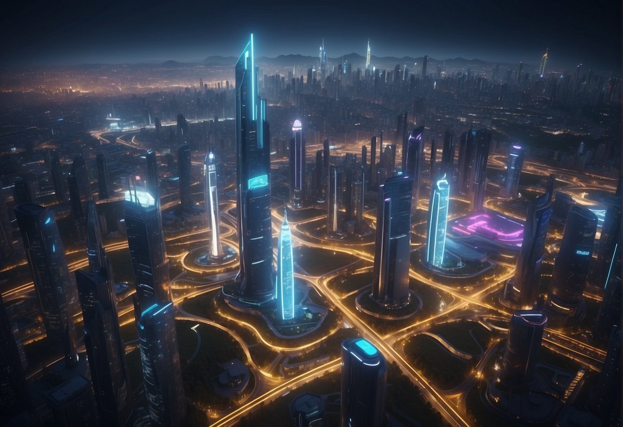 A futuristic cityscape with sleek, towering buildings and flying vehicles zipping through the air, illuminated by neon lights and holographic displays