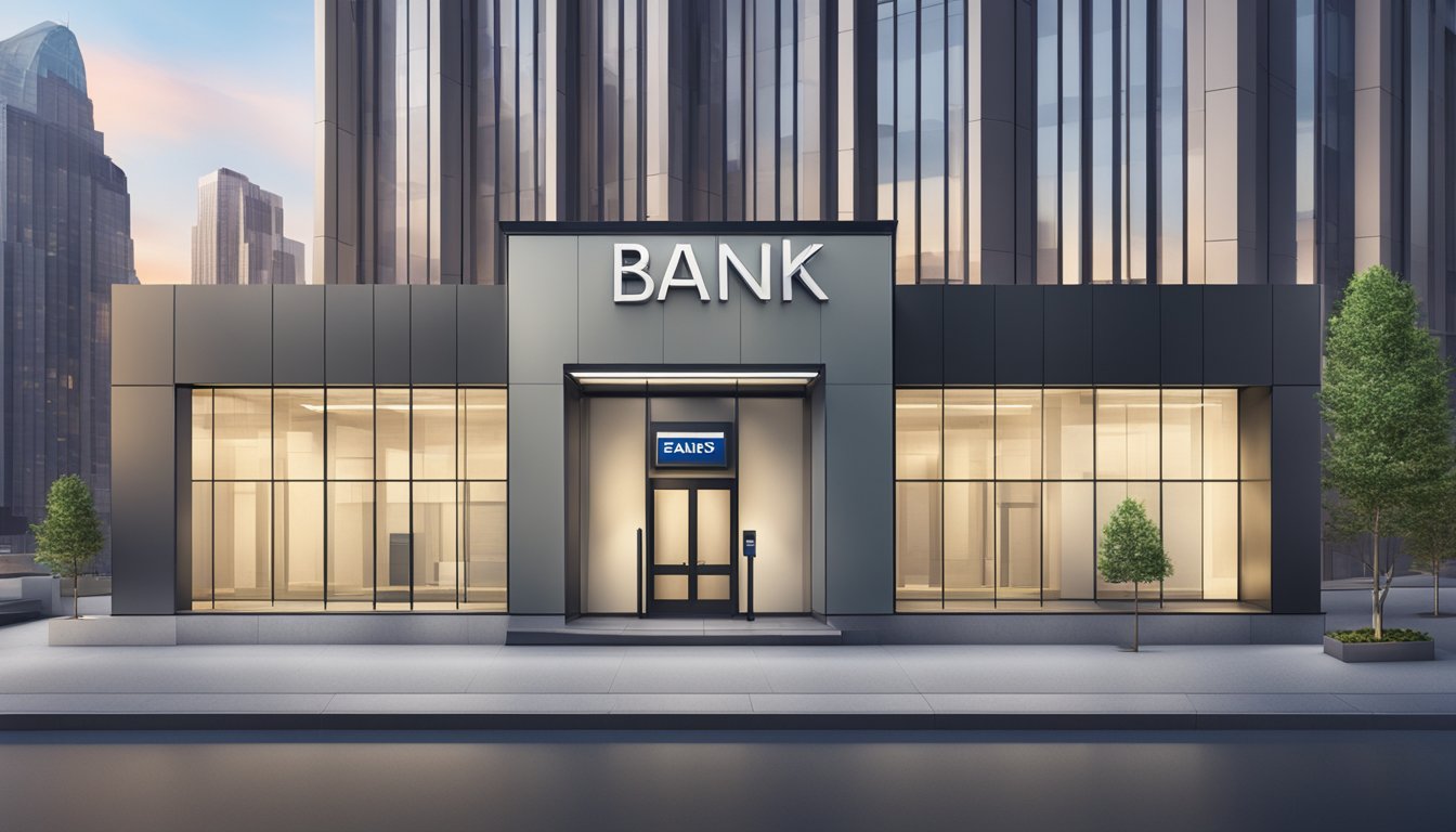 A bank logo on a sleek, modern building with "Fixed Deposit Features and Terms" displayed prominently