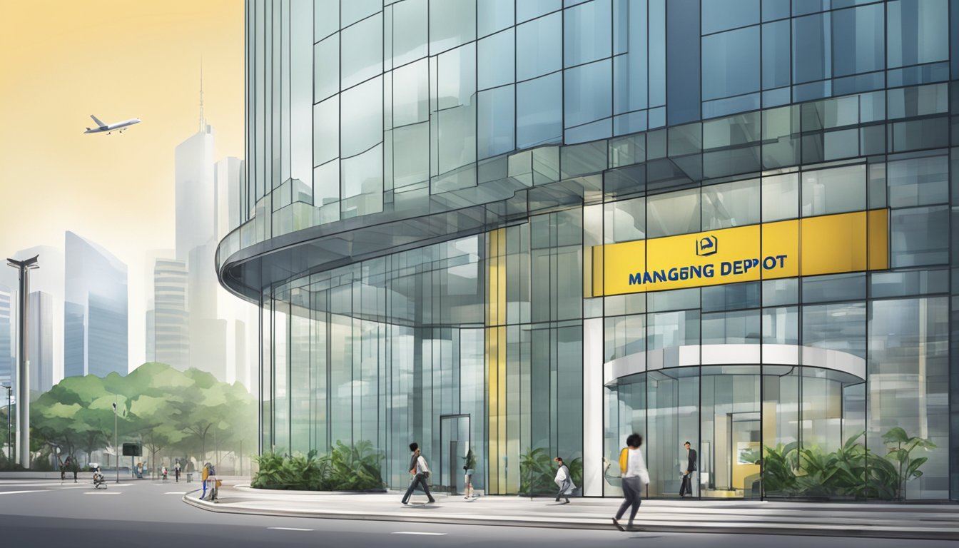A bank logo on a glass building, with a sign reading "Managing Your Fixed Deposit" outside a Hong Leong Bank branch in Singapore