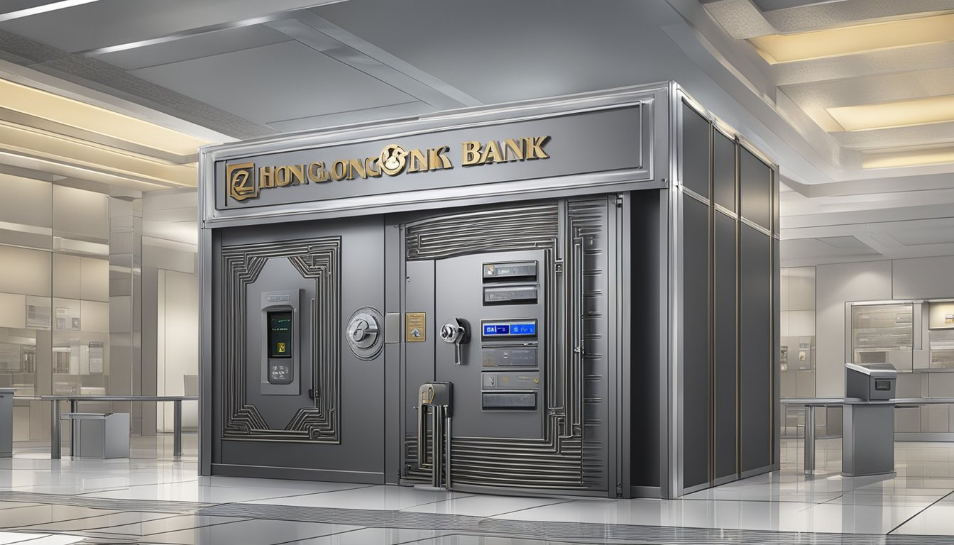 A secure bank vault with the Hong Leong Bank logo prominently displayed, surrounded by advanced security systems and assurance features