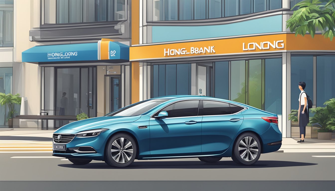 A sleek car parked outside a Hong Leong Bank branch in Singapore. The car loan sign prominently displayed in the window