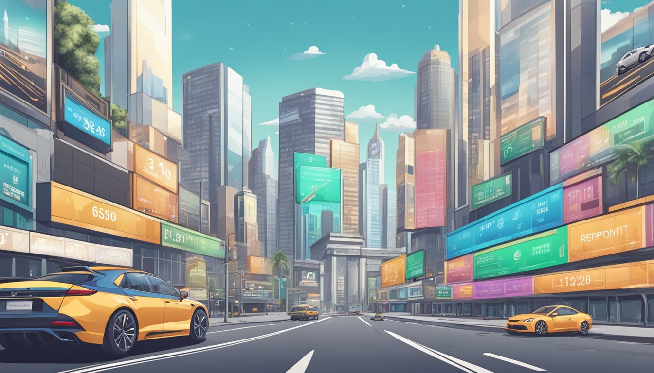 A car driving through a city skyline with interest rates and repayment terms displayed on billboards and street signs