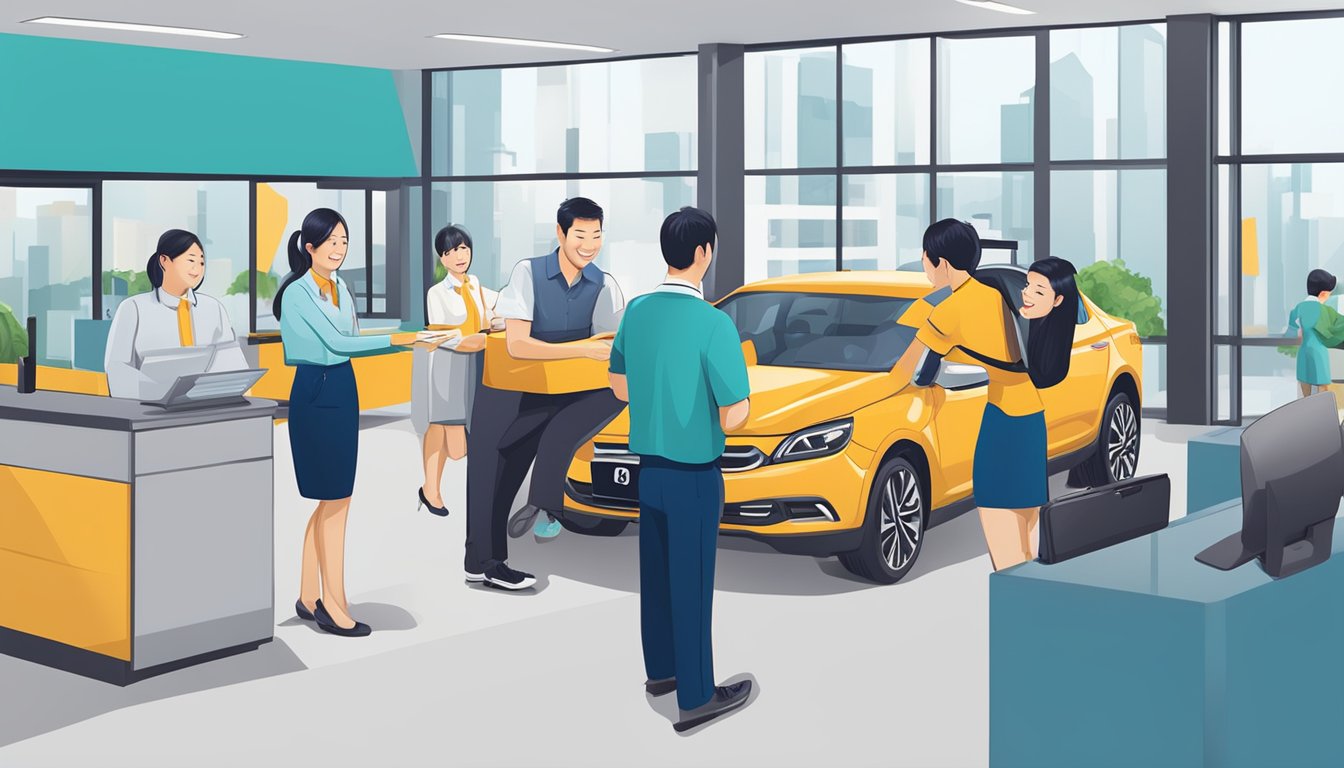 A car loan customer receiving additional services and support from Hong Leong Bank staff