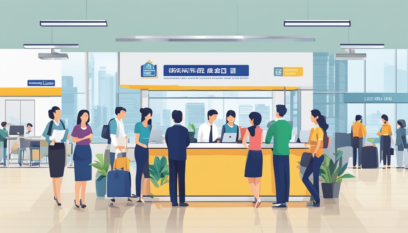 A customer service desk with a sign reading "Frequently Asked Questions hong leong car loan singapore" and a line of people waiting for assistance